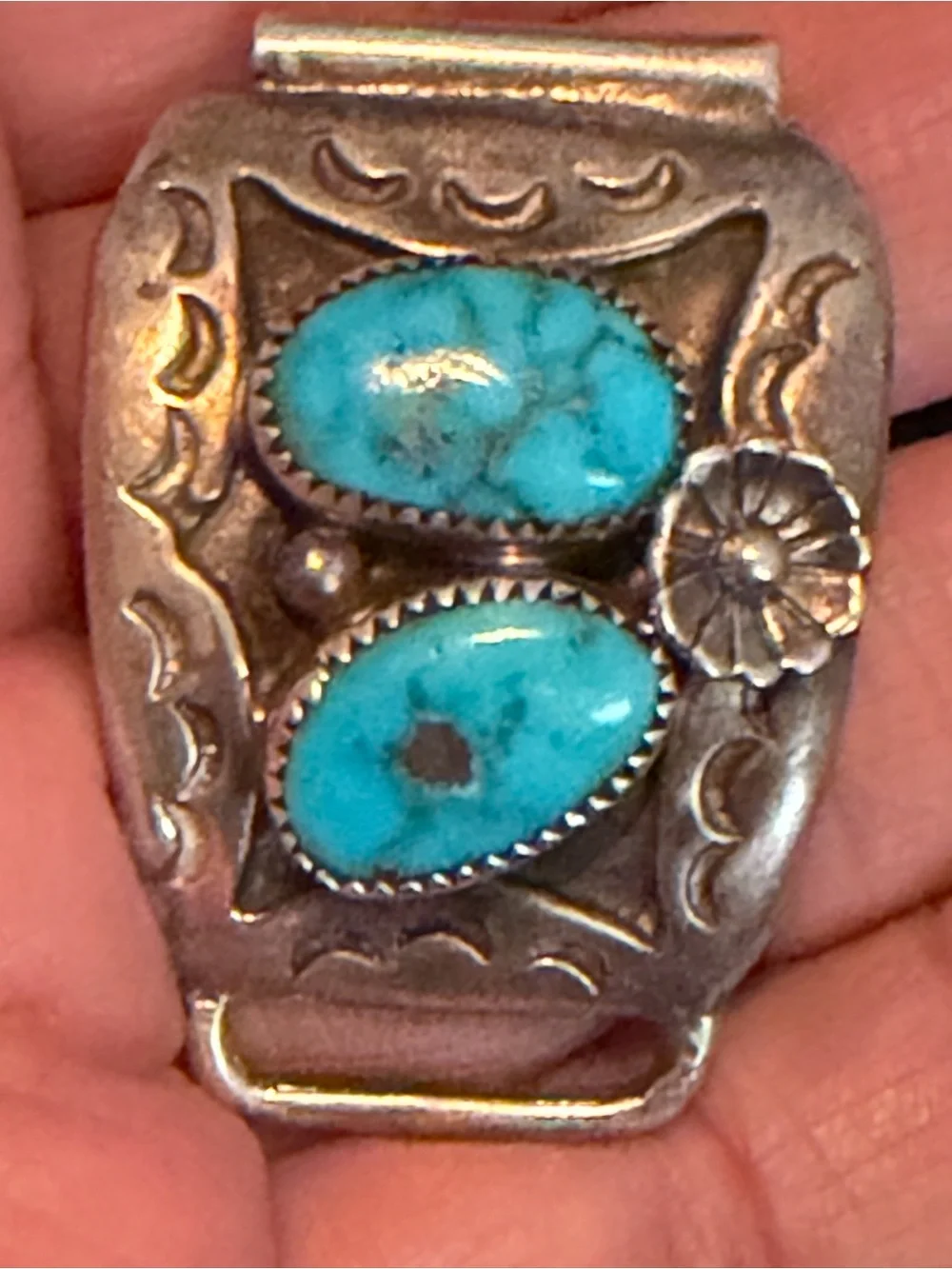 Beautiful Vintage Turquoise & Sterling Large Watch Band Tips